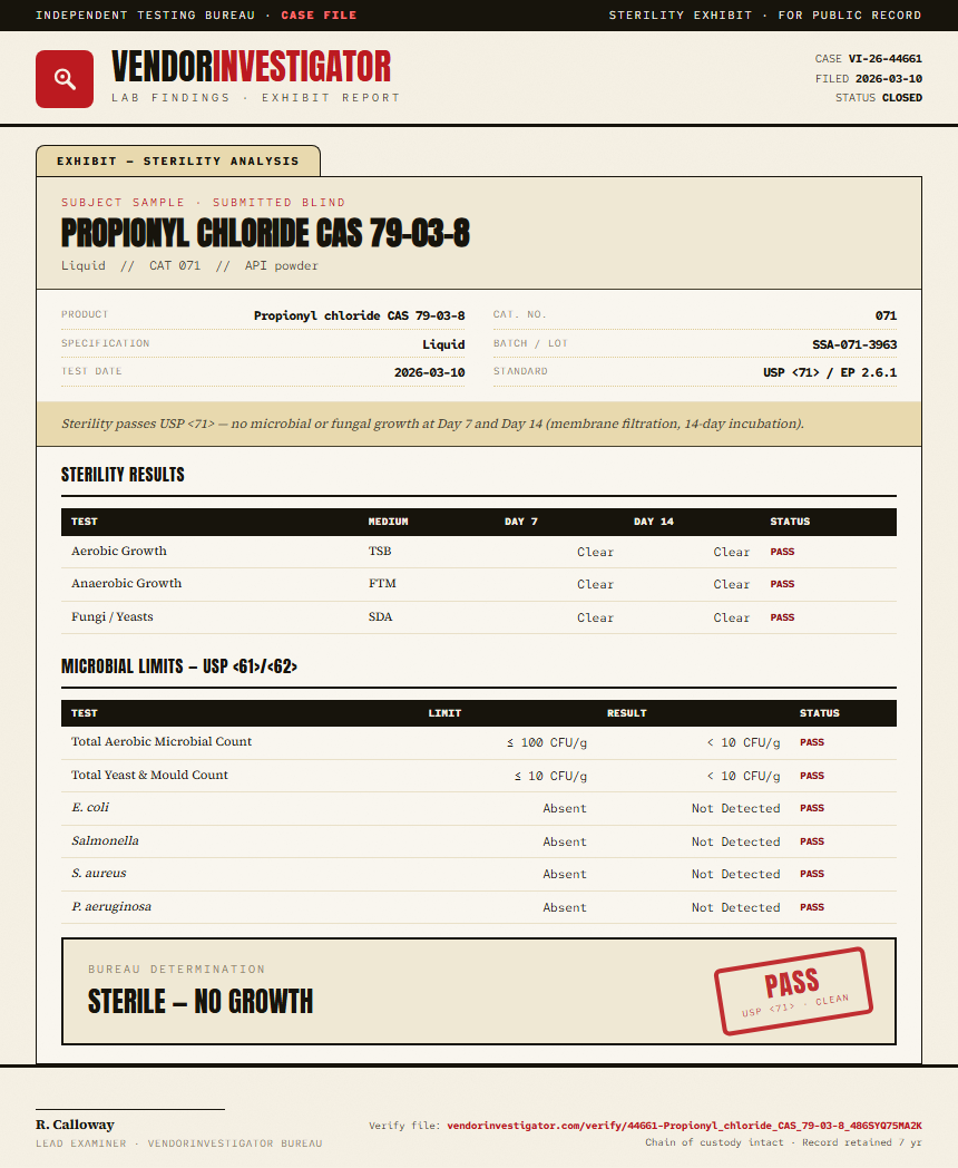 Propionyl chloride CAS 79-03-8 Sterility report by VendorInvestigator